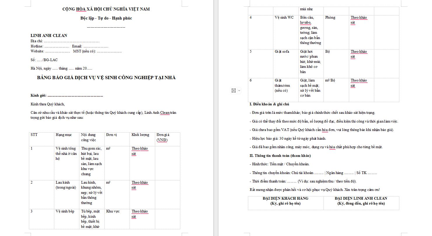 Mẫu báo giá vệ sinh công nghiệp tại nhà mẫu mới nhất