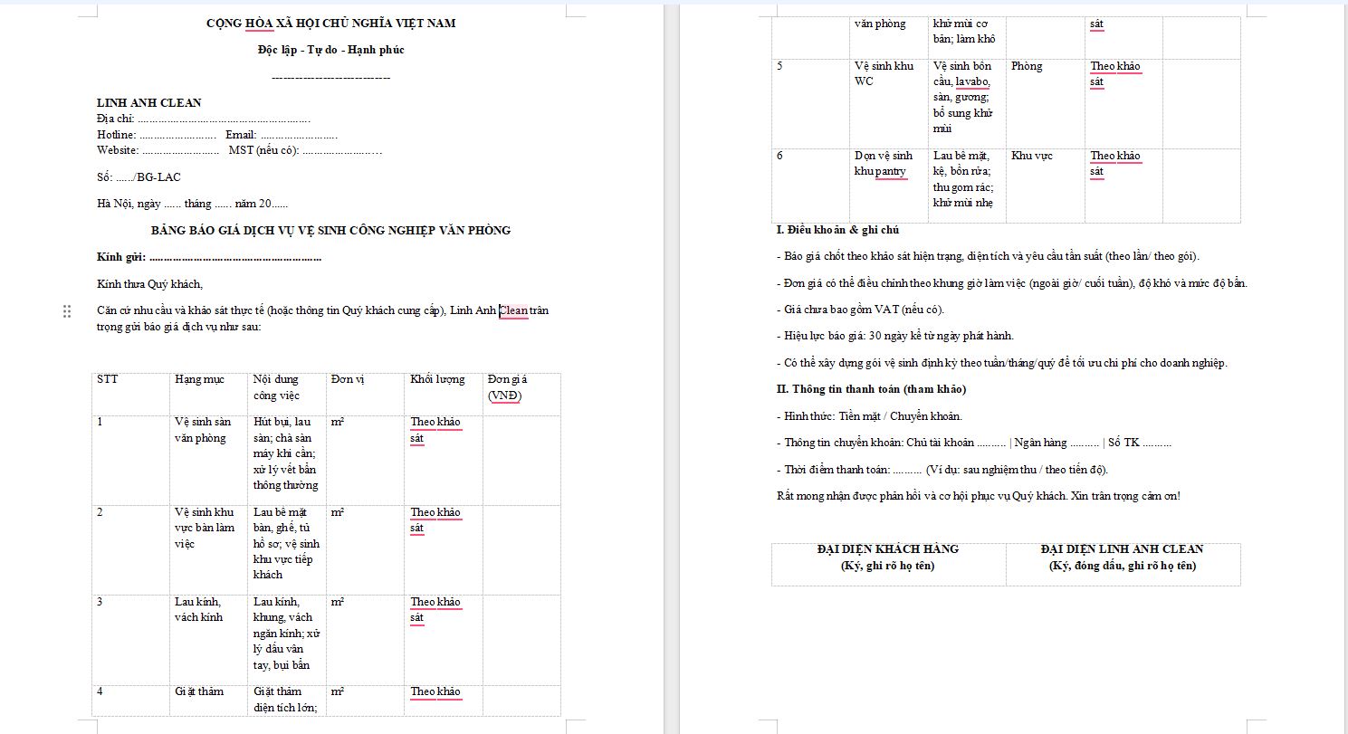 Mẫu báo giá vệ sinh công nghiệp văn phòng của Linh Anh Clean