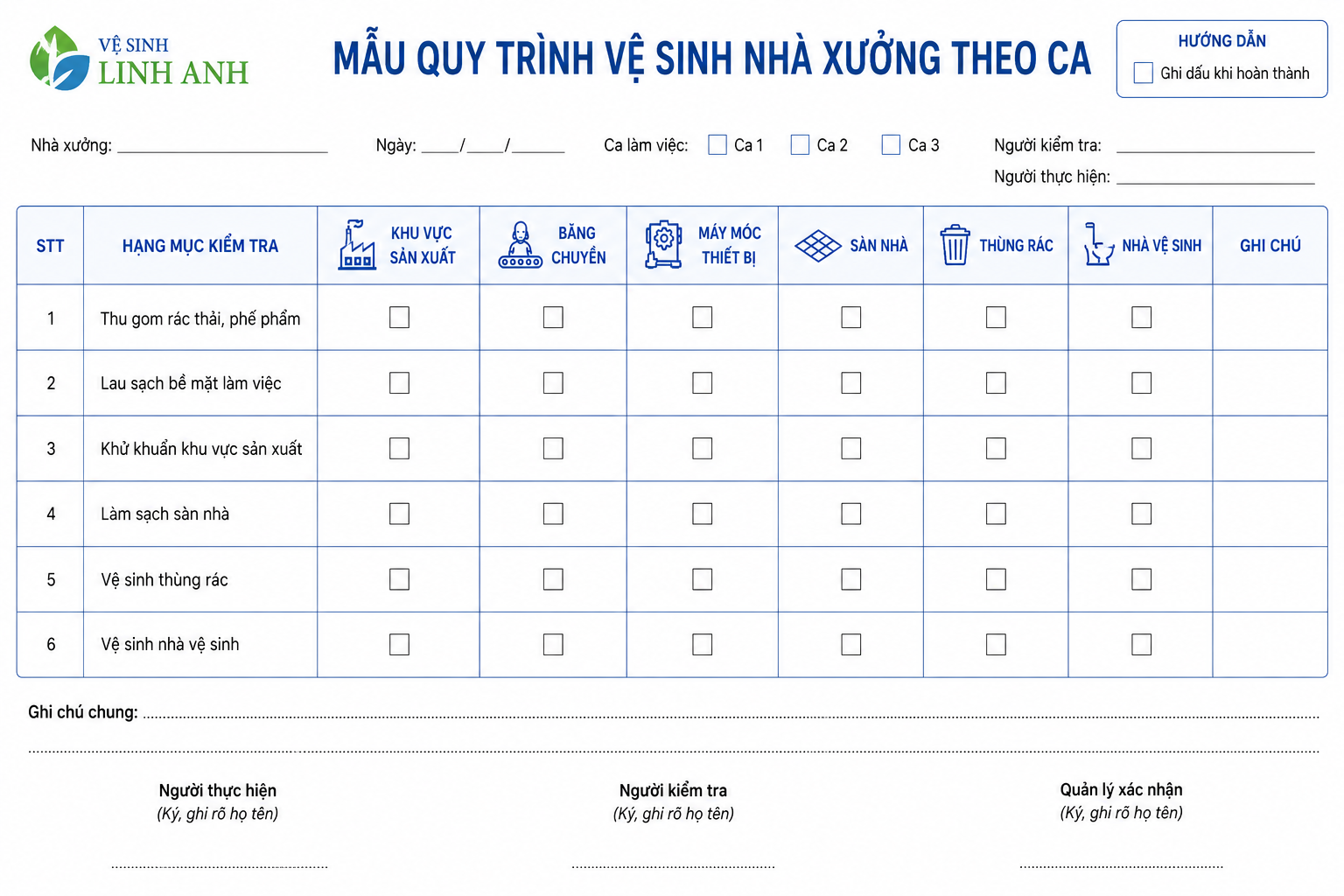 mau quy trinh ve sinh nha xuong theo ca